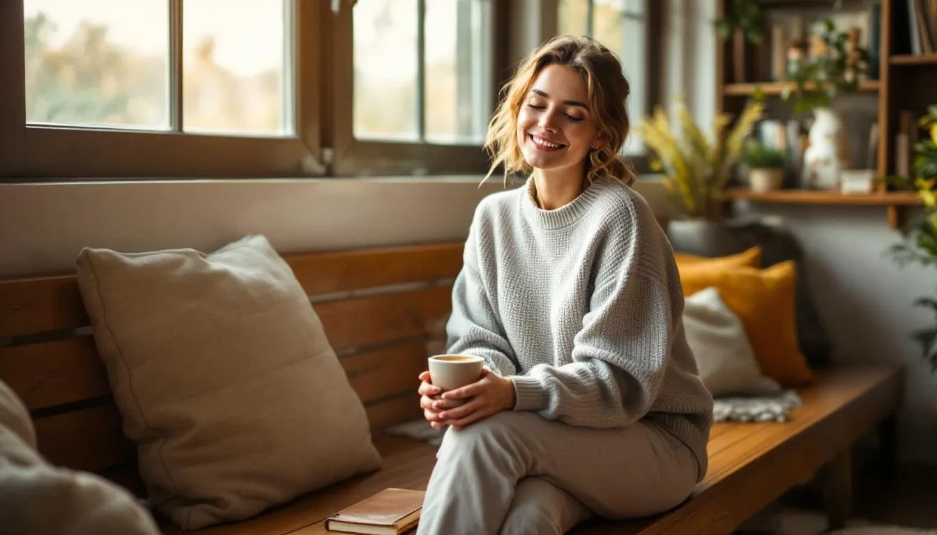 A person is sitting peacefully at a table on a Monday morning, enjoying a warm cup of coffee while writing in a journal, embodying the concept of 